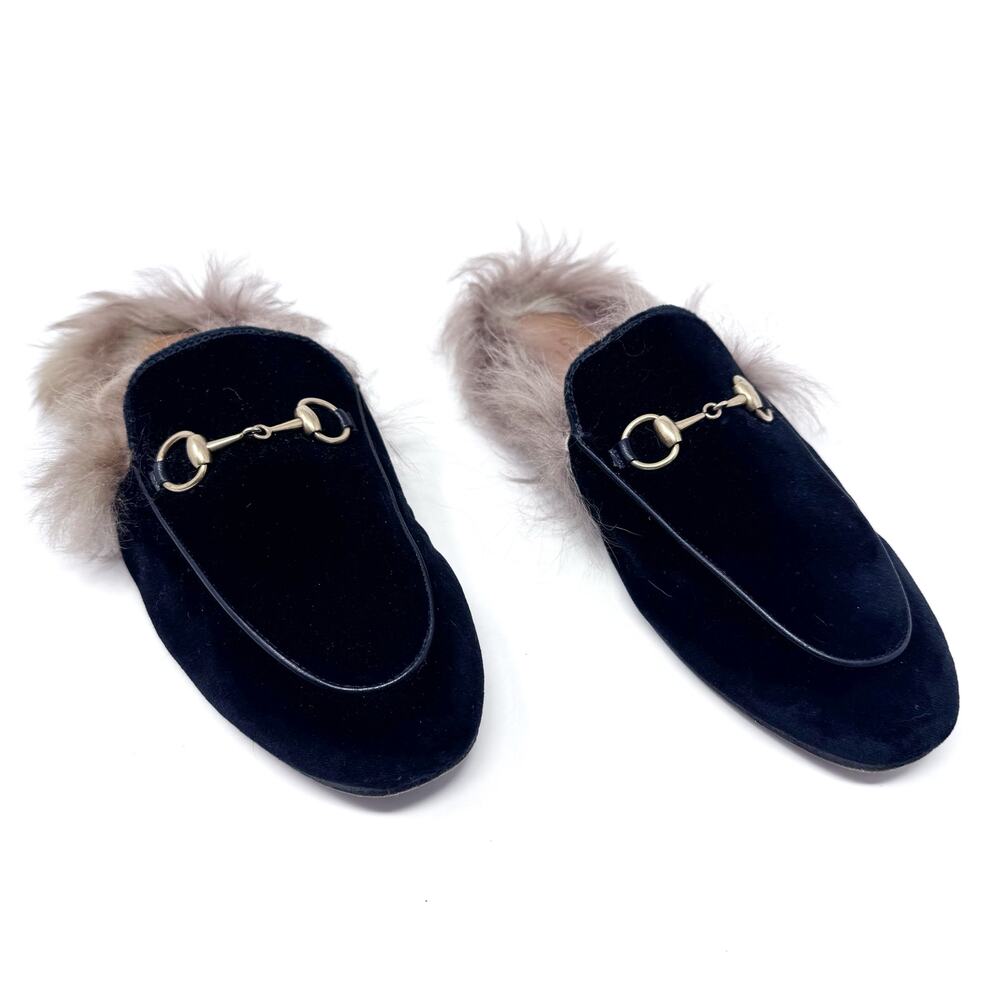 GUCCI Black Velevt Fur Lined Princetown Loafers Mules Horsebit Size EU 37 US 7